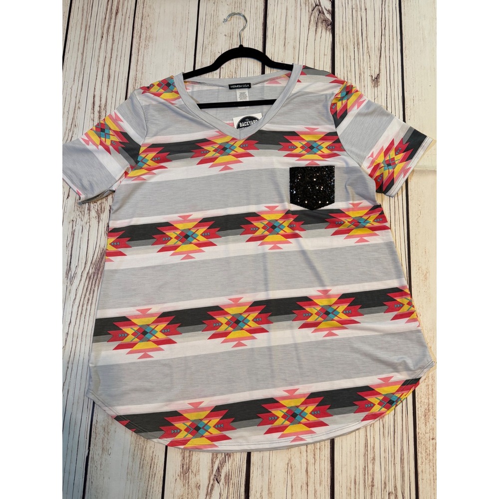 Heimish USA Women 3XL Southwestern Print Sequin Pocket V-Neck Top ST1567-13 PLUS
